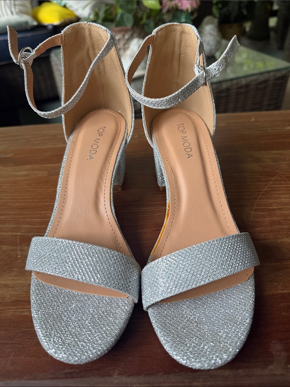TOP Moda Silver Glitter Ankle-Strap Block Heels